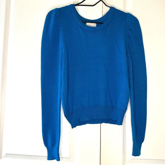 Pink Rose Puff Sleeve & Ribbed Hem Crew Neck Sweater Blue Size S - Picture 4 of 6